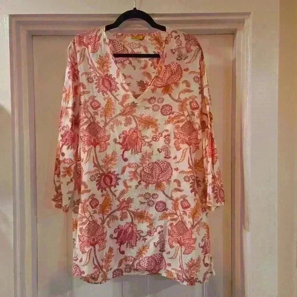 Roberta Roller Rabbit Womens Floral Cotton Tunic Blouse Pink White Size Large - Picture 1 of 8